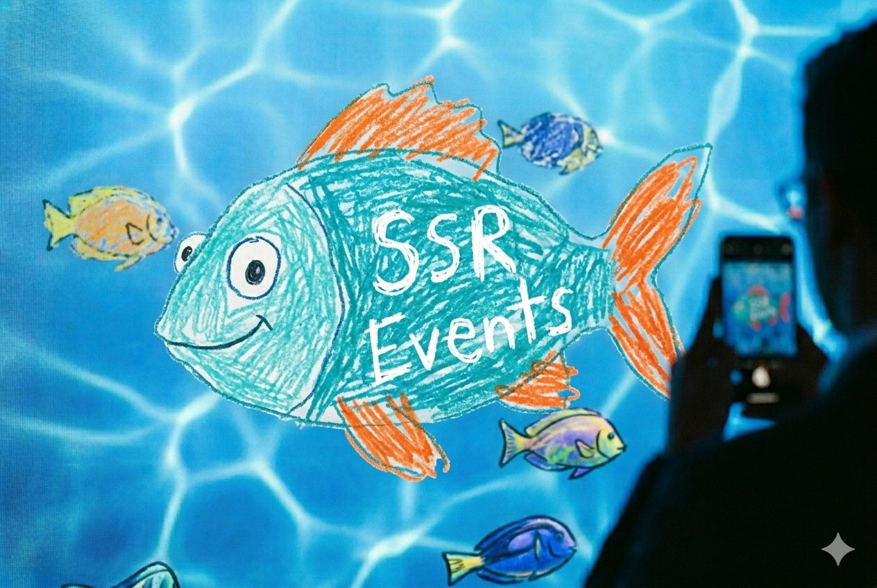 Close-up of the aquarium wall showing a child-drawn cartoon fish with the name ANIKA hand-lettered across its body — every fish can be personalised