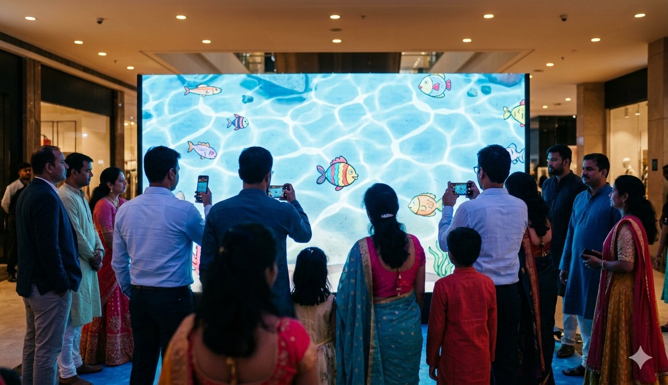 Families gathered around the aquarium wall, phones raised, watching a new creature swim in