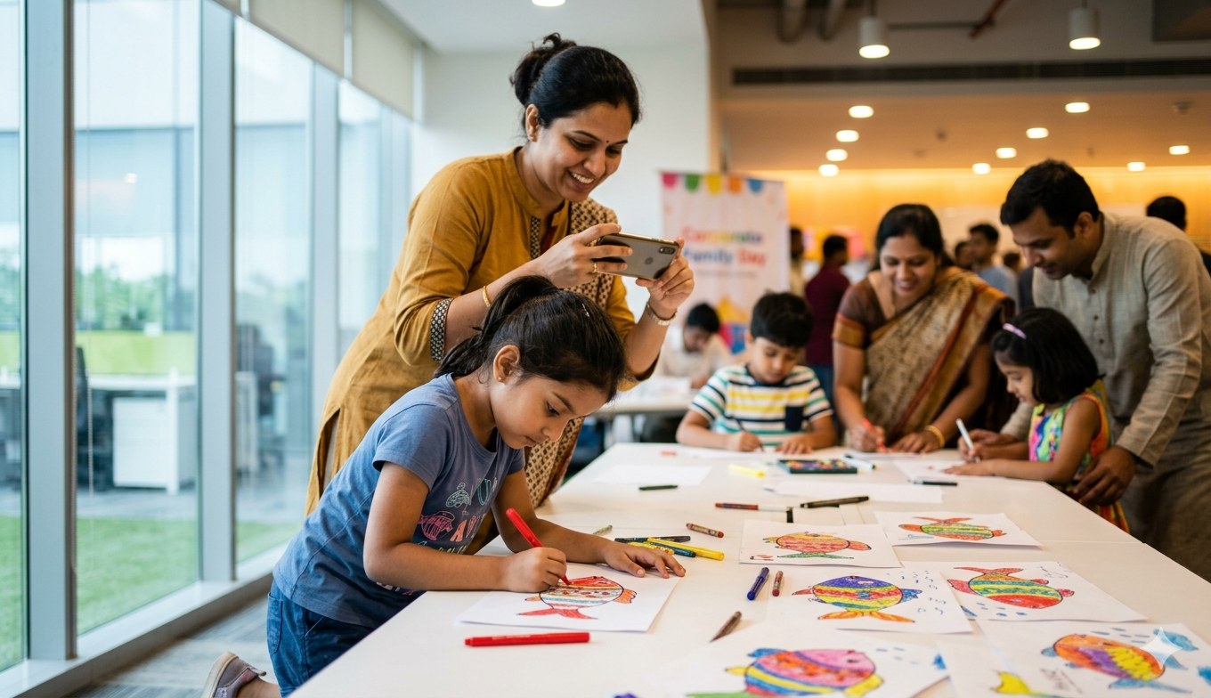 Child drawing a fish at the sketch station while parents film over the shoulder