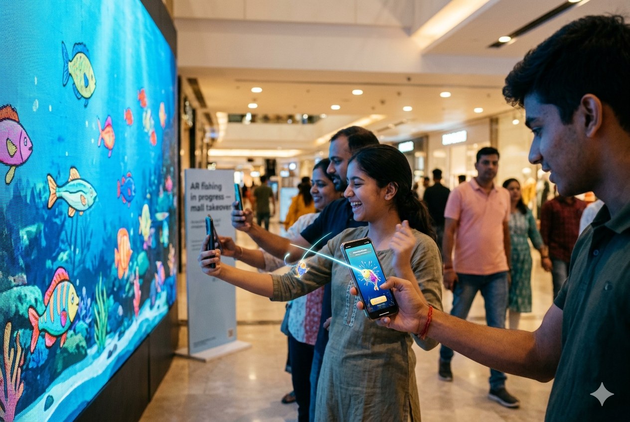 Phones lifted in AR Fishing Mode, guests reacting as a creature is caught