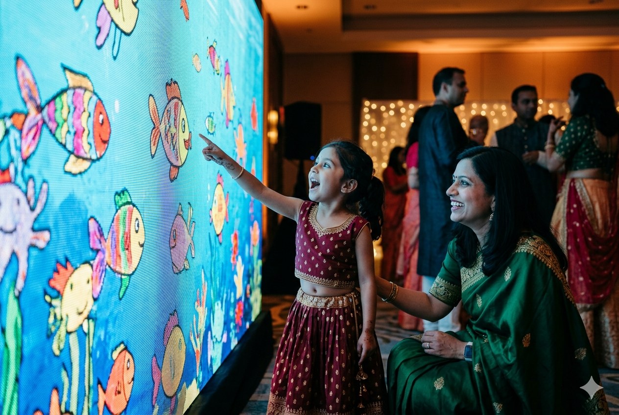 Guests cheering and sharing reels as their drawings join the underwater world