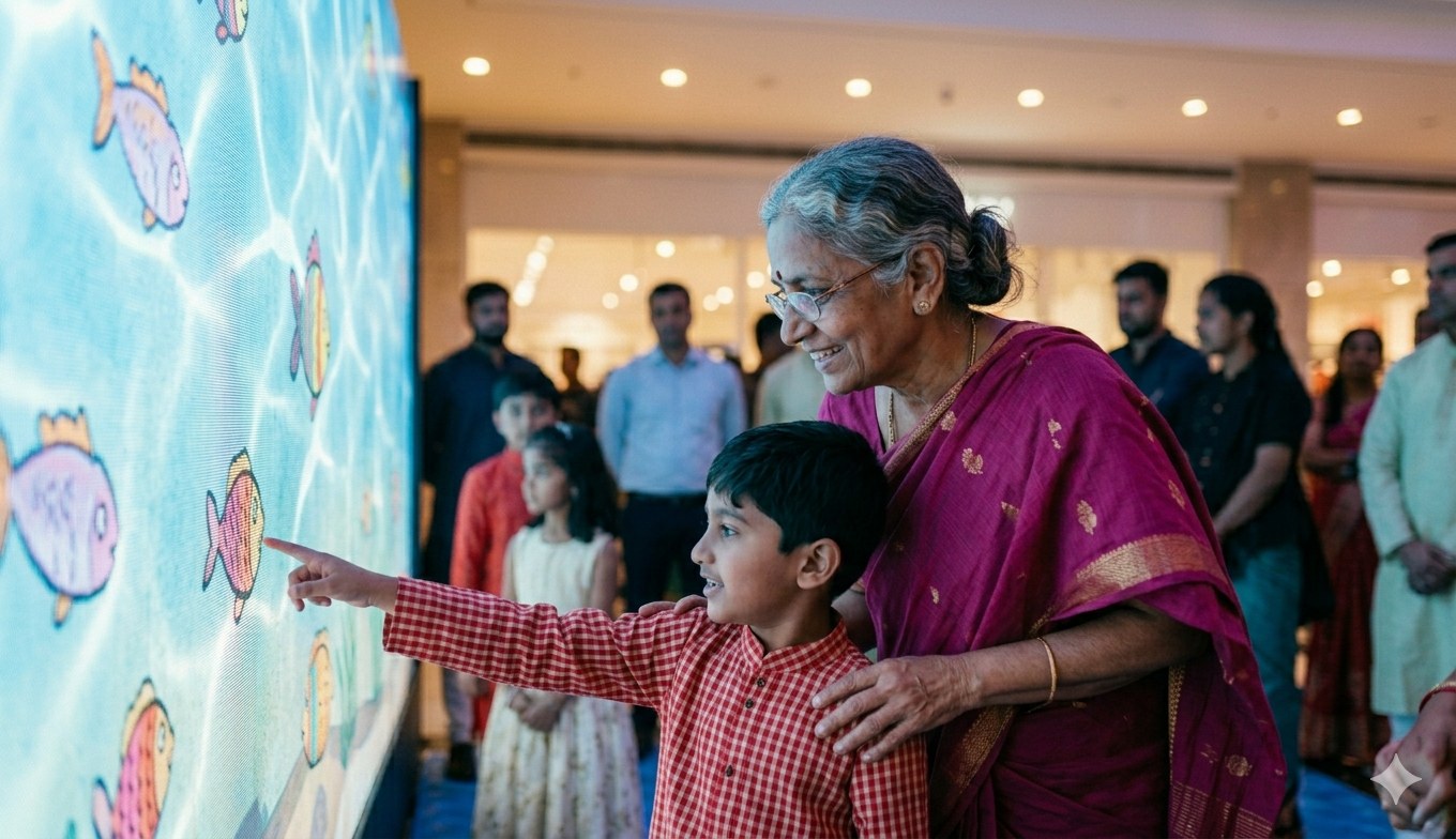 A grandmother in a sari holds her young grandson as he points at a colourful fish on the aquarium wall