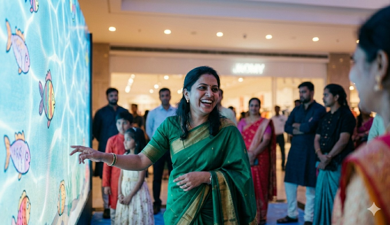 Woman in a green sari mid-laugh, arm extended toward the aquarium wall, surrounded by guests in a mall atrium